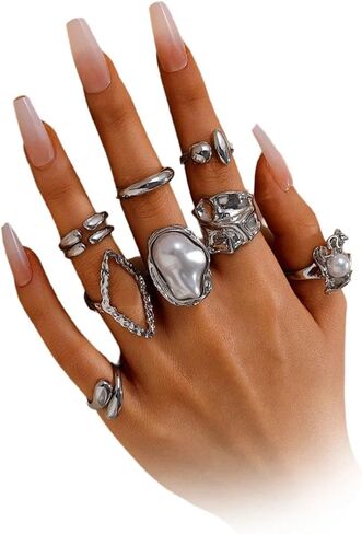 Stackable Chunky Geometric Knuckle Rings Set for Women,Vintage Baroque Pearl Open Midi Finger Ring,Trendy Party Banquet Jewelry Accessories Gift in Saudi Arabia