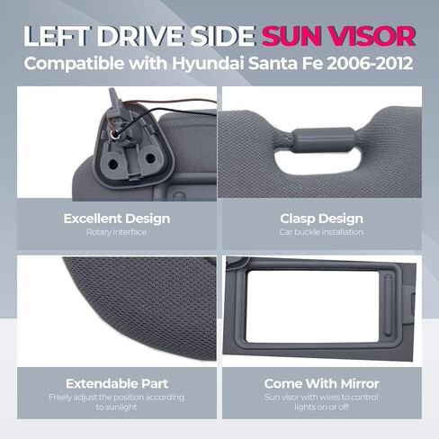 Driver Side Sun Visor with Light Replacement Fits for Hyundai Santa Fe 2006-2012 Sunshade 852100W110J4 Color Gray (Gray(Driver Side)) in Saudi Arabia