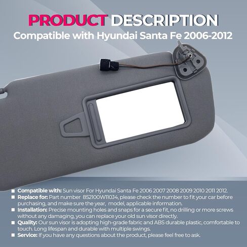 Driver Side Sun Visor with Light Replacement Fits for Hyundai Santa Fe 2006-2012 Sunshade 852100W110J4 Color Gray (Gray(Driver Side)) in Saudi Arabia