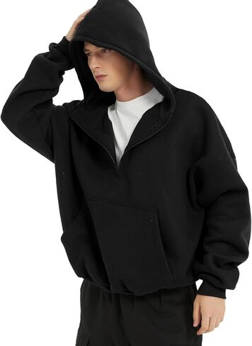 FAIABLE Mens Hoodies Half Zip Up Oversized Sweatshirts Fleece Cotton Quarter Zip Hoodie Pullover Fall Winter Outfit in Kuwait