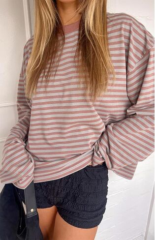 Meiweileya المرأة مخطط كم طويل البلوز Y2k قطرة الكتف اقتصاص القمم Crewneck Preppy الجنية الجرونج الخريف البلوز in Saudi Arabia