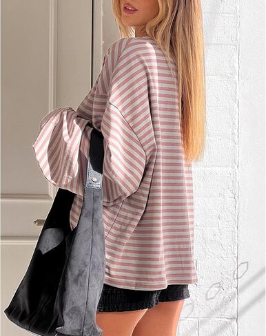 Meiweileya المرأة مخطط كم طويل البلوز Y2k قطرة الكتف اقتصاص القمم Crewneck Preppy الجنية الجرونج الخريف البلوز in Saudi Arabia
