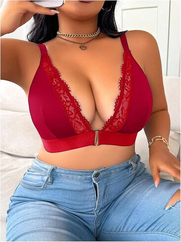 MakeMeChic Women's Plus Size Bra Floral Lace Front Closure Spaghetti Strap Bralette Underwear in Saudi Arabia