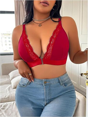 MakeMeChic Women's Plus Size Bra Floral Lace Front Closure Spaghetti Strap Bralette Underwear in Saudi Arabia