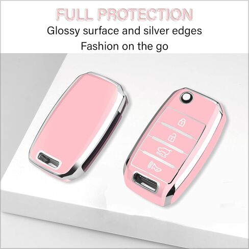 QBUC لغطاء Kia Key Fob مع سلسلة مفاتيح من الكروم الفضي، حافظة حماية ناعمة من مادة TPU متوافقة مع 2013-2017 Kia Optima Soul Sorento Sportage 4 أزرار (وردي) in Kuwait