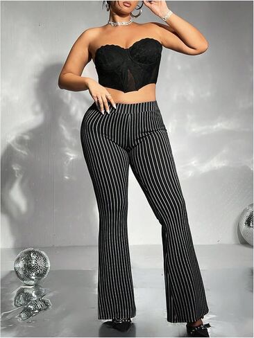 WDIRARA Women's Plus Size Striped Flared Pants Elastic Waist Bell Bottom Trousers in Saudi Arabia