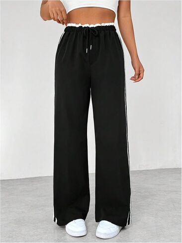 Verdusa Women's Baggy Straight Leg Pants Striped Athletic Pants Drawstring Waist Street Loose Trousers in Saudi Arabia