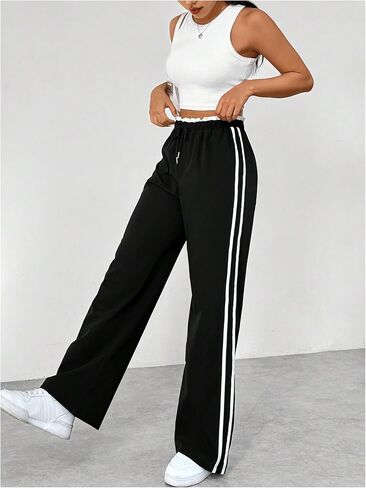 Verdusa Women's Baggy Straight Leg Pants Striped Athletic Pants Drawstring Waist Street Loose Trousers in Saudi Arabia