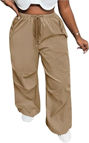 OYOANGLE Women's Plus Size High Waist Drawstring Trousers Wide Leg Casual Cargo Pants with Pocket in Saudi Arabia