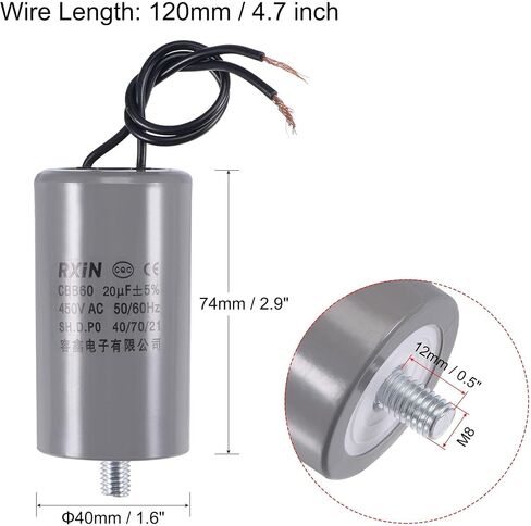 uxcell CBB60 Run Capacitor 25uF 450V AC 2 Wires 50/60Hz Cylinder 98x45mm with M8 Fixing Stud for Air Compressor Water Pump Motor in Saudi Arabia