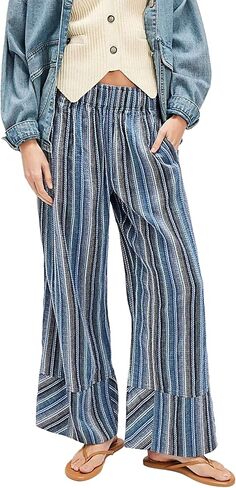 Bozanly Women's Striped Wide Leg Lounge Pants Boho Elastic Waist Loose Casual Trousers with Pockets 2025 in Saudi Arabia