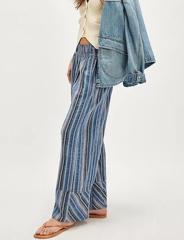 Bozanly Women's Striped Wide Leg Lounge Pants Boho Elastic Waist Loose Casual Trousers with Pockets 2025 in Saudi Arabia