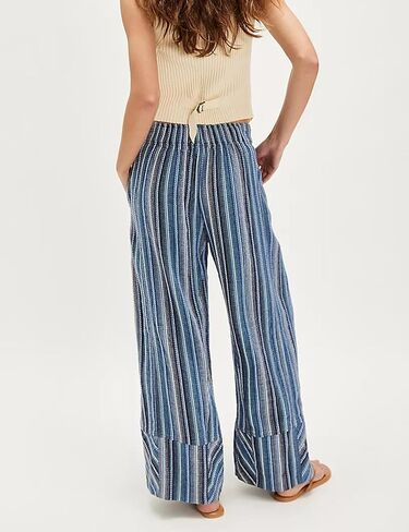 Bozanly Women's Striped Wide Leg Lounge Pants Boho Elastic Waist Loose Casual Trousers with Pockets 2025 in Saudi Arabia