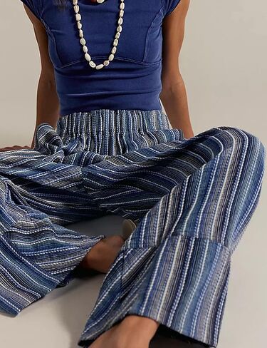 Bozanly Women's Striped Wide Leg Lounge Pants Boho Elastic Waist Loose Casual Trousers with Pockets 2025 in Saudi Arabia