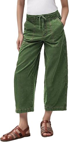 Flamingals Straight Leg Mid Waist Drawstring Stitch Detail Capri Pants for Women in Kuwait