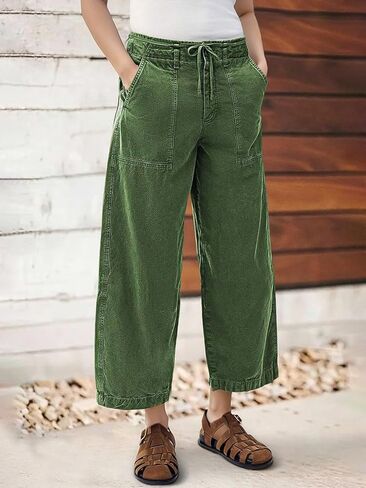 Flamingals Straight Leg Mid Waist Drawstring Stitch Detail Capri Pants for Women in Kuwait