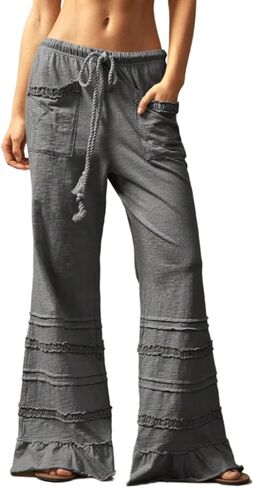 Ruffle Pants Women Wide Leg Flare Drawstring Elastic High Waisted Baggy Trousers Solid Palazzo Pants with Pockets in Saudi Arabia