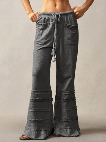 Ruffle Pants Women Wide Leg Flare Drawstring Elastic High Waisted Baggy Trousers Solid Palazzo Pants with Pockets in Saudi Arabia