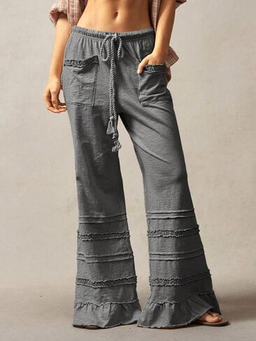 Ruffle Pants Women Wide Leg Flare Drawstring Elastic High Waisted Baggy Trousers Solid Palazzo Pants with Pockets in Saudi Arabia