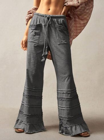 Ruffle Pants Women Wide Leg Flare Drawstring Elastic High Waisted Baggy Trousers Solid Palazzo Pants with Pockets in Saudi Arabia