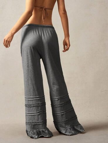 Ruffle Pants Women Wide Leg Flare Drawstring Elastic High Waisted Baggy Trousers Solid Palazzo Pants with Pockets in Saudi Arabia