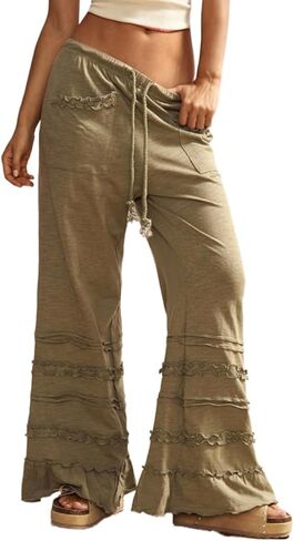 Ruffle Pants Women Wide Leg Flare Drawstring Elastic High Waisted Baggy Trousers Solid Palazzo Pants with Pockets in Saudi Arabia