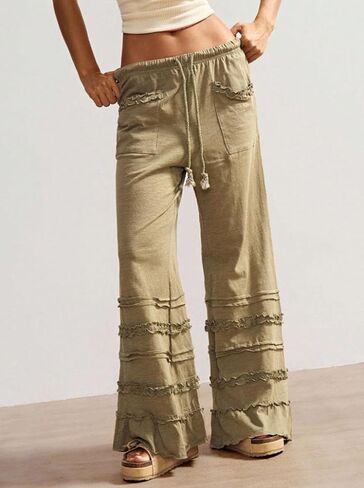 Ruffle Pants Women Wide Leg Flare Drawstring Elastic High Waisted Baggy Trousers Solid Palazzo Pants with Pockets in Saudi Arabia