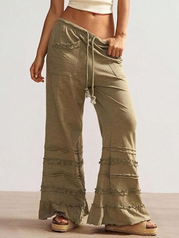 Ruffle Pants Women Wide Leg Flare Drawstring Elastic High Waisted Baggy Trousers Solid Palazzo Pants with Pockets in Saudi Arabia