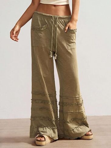 Ruffle Pants Women Wide Leg Flare Drawstring Elastic High Waisted Baggy Trousers Solid Palazzo Pants with Pockets in Saudi Arabia