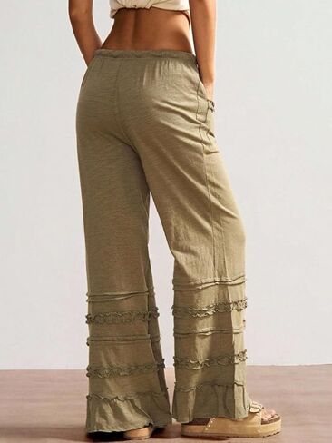 Ruffle Pants Women Wide Leg Flare Drawstring Elastic High Waisted Baggy Trousers Solid Palazzo Pants with Pockets in Saudi Arabia