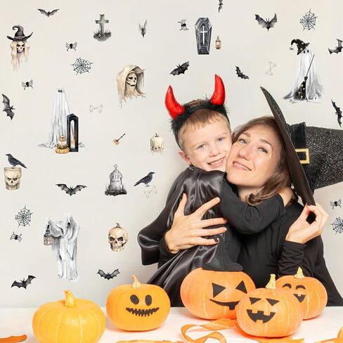 HLNIUC Happy Halloween Wall Decals 55PCS Lovely Halloween Wall Sticker Peel and Stick Bat Ghost Window Decor Stickers Halloween Themed Candy Pumpkin Room Art Decal Gift for Kid Bedroom Halloween Party in Saudi Arabia