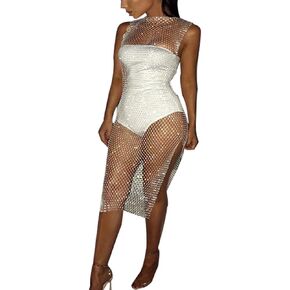 Women's See Through Mesh Split Swimsuit Sleeveless Hollow Out Cover Up Rhinestone Sheer O Neck Party Swimwear Midi Dress in Saudi Arabia