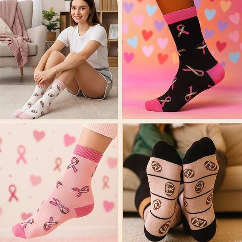 Pairs of Pink Football Breast Cancer Awareness Socks for Pink out Day Women Gifts Ribbon Football Sport Socks in Saudi Arabia
