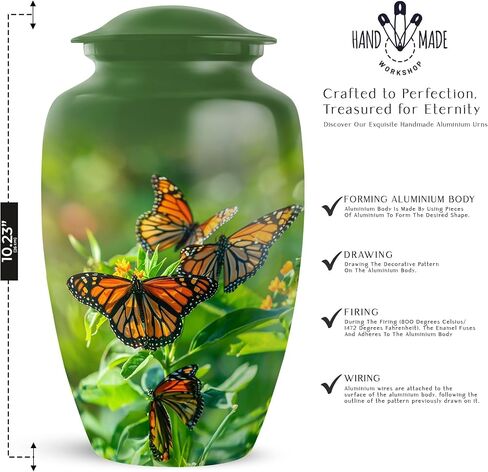 Monarchs Butterfly Burial Urn - 10" Large Green Urns for Human Ashes Adult Male - Cremation Urn - Urns for Ashes Adult Female, Brother & Sister Memorial Keepsakes (Include Velvet Bag) in Saudi Arabia