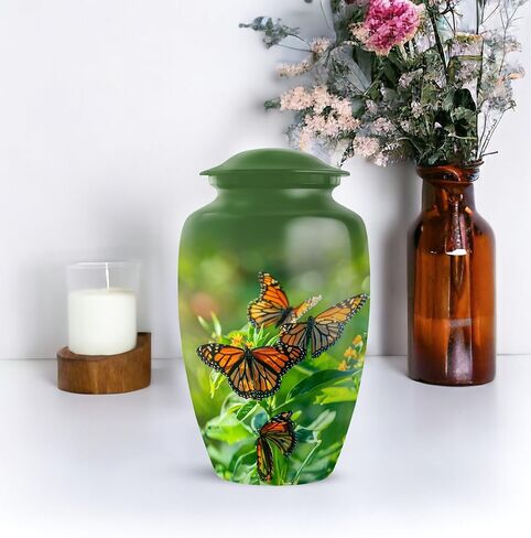 Monarchs Butterfly Burial Urn - 10" Large Green Urns for Human Ashes Adult Male - Cremation Urn - Urns for Ashes Adult Female, Brother & Sister Memorial Keepsakes (Include Velvet Bag) in Saudi Arabia