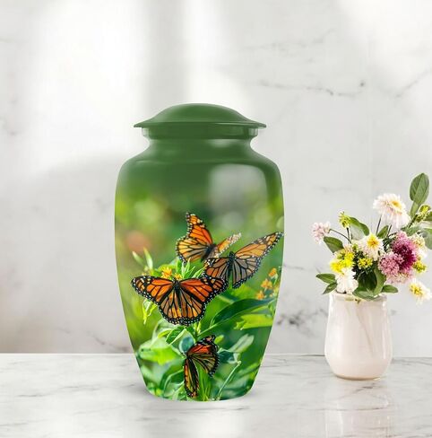 Monarchs Butterfly Burial Urn - 10" Large Green Urns for Human Ashes Adult Male - Cremation Urn - Urns for Ashes Adult Female, Brother & Sister Memorial Keepsakes (Include Velvet Bag) in Saudi Arabia