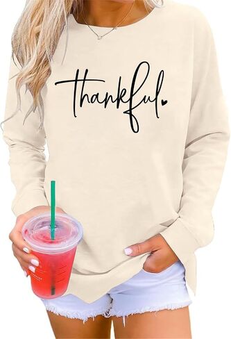 Thankful Sweatshirt for Women Thankful Letter Print Pullover Thanksgiving Graphic Long Sleeve Blouse in Saudi Arabia