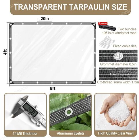 Premium Clear Vinyl Tarp 4x6 ft Tearproof Heavy Duty Clear Tarp with Rustproof Grommets Windproof Design(14 Mil) Reinforced Edges for Patio Outdoor Porch Greenhouse Chicken Coop Garden in Saudi Arabia
