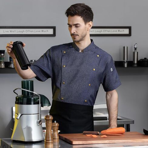 Unisex Chef Coat Metal Buckles Chef Jacket Double-breasted Short Sleeve Chef Shirt Convenient for Working Chef Uniform in Saudi Arabia