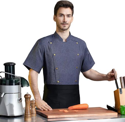 Unisex Chef Coat Metal Buckles Chef Jacket Double-breasted Short Sleeve Chef Shirt Convenient for Working Chef Uniform in Saudi Arabia