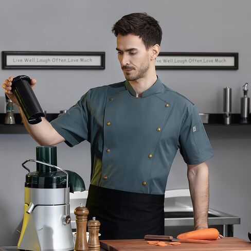 Unisex Chef Coat Metal Buckles Chef Jacket Double-breasted Short Sleeve Chef Shirt Convenient for Working Chef Uniform in Saudi Arabia