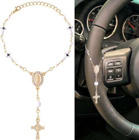 Steering Wheel Rosary, Catholic Religious Rosary for Car, Pearl Steering Wheel Charm, Steering Wheel Rosary Charm, Cross for Car, Car Decor, Women, Men (Gold, 1 Pcs) in Saudi Arabia