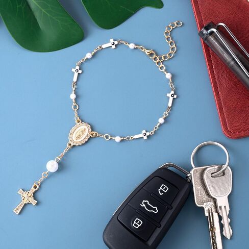 Steering Wheel Rosary, Catholic Religious Rosary for Car, Pearl Steering Wheel Charm, Steering Wheel Rosary Charm, Cross for Car, Car Decor, Women, Men (Gold, 1 Pcs) in Saudi Arabia