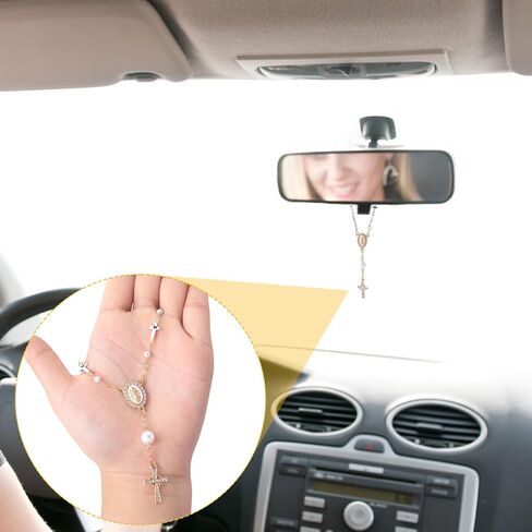 Steering Wheel Rosary, Catholic Religious Rosary for Car, Pearl Steering Wheel Charm, Steering Wheel Rosary Charm, Cross for Car, Car Decor, Women, Men (Gold, 1 Pcs) in Saudi Arabia