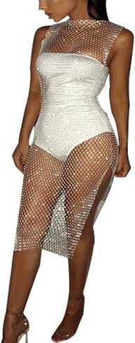 Women's See Through Mesh Split Swimsuit Sleeveless Hollow Out Cover Up Rhinestone Sheer O Neck Party Swimwear Midi Dress in Saudi Arabia