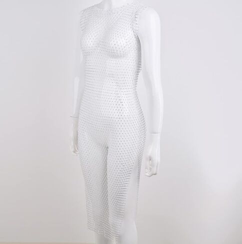 Women's See Through Mesh Split Swimsuit Sleeveless Hollow Out Cover Up Rhinestone Sheer O Neck Party Swimwear Midi Dress in Saudi Arabia