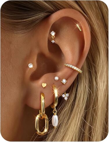 FIBO STEEL Small Stud Hoop Earrings for Women - 9 Pairs Hypoallergenic 14K Gold Plated Cartilage Earrings for Women Trendy Flat Back Earring Stacks Huggie Earring Sets for Multiple Piercing Jewelry Gifts in Saudi Arabia