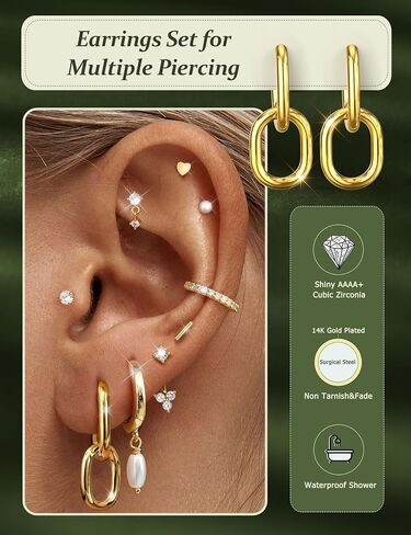FIBO STEEL Small Stud Hoop Earrings for Women - 9 Pairs Hypoallergenic 14K Gold Plated Cartilage Earrings for Women Trendy Flat Back Earring Stacks Huggie Earring Sets for Multiple Piercing Jewelry Gifts in Saudi Arabia