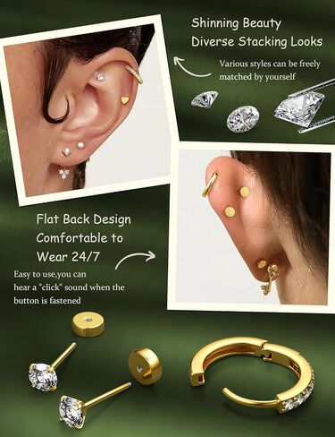 FIBO STEEL Small Stud Hoop Earrings for Women - 9 Pairs Hypoallergenic 14K Gold Plated Cartilage Earrings for Women Trendy Flat Back Earring Stacks Huggie Earring Sets for Multiple Piercing Jewelry Gifts in Saudi Arabia