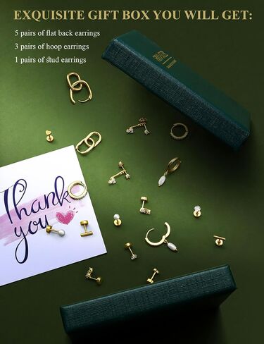 FIBO STEEL Small Stud Hoop Earrings for Women - 9 Pairs Hypoallergenic 14K Gold Plated Cartilage Earrings for Women Trendy Flat Back Earring Stacks Huggie Earring Sets for Multiple Piercing Jewelry Gifts in Saudi Arabia